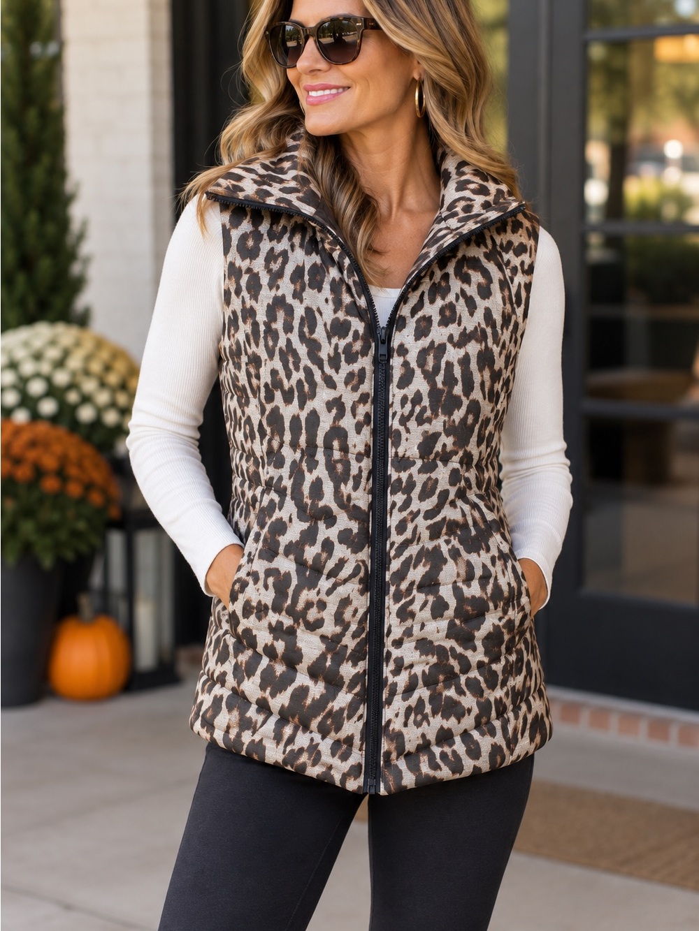 CAbi Leopard Quilted Vest in Brown and Tan